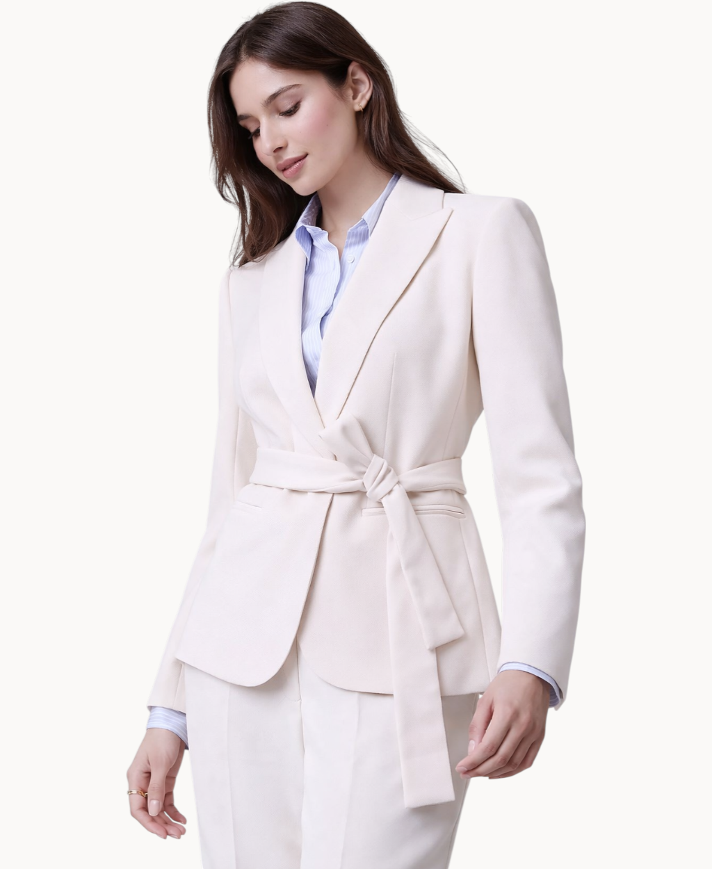 petite-belted-blazer-jacket-for-women-long-sleeve-tailored-fit-peak-lapel-single-button-front-beige-color