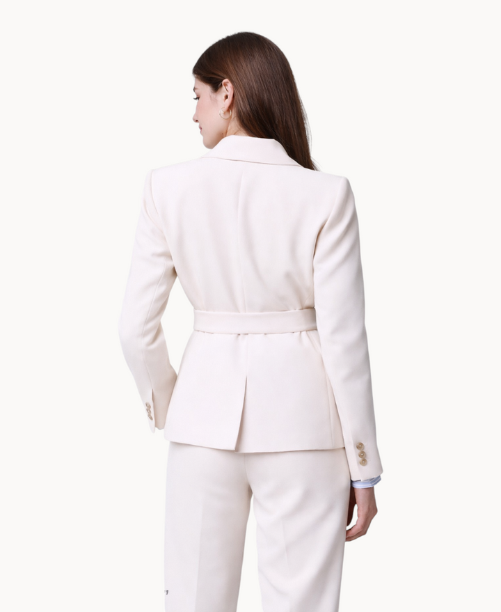 Petite Belted Blazer Jacket for Women – Long Sleeve Tailored Fit, Peak Lapel, Single-Button Front, Beige Color+2