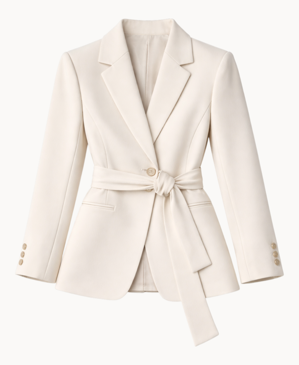 petite-belted-blazer-jacket-for-women-long-sleeve-tailored-fit-peak-lapel-single-button-front-beige-color